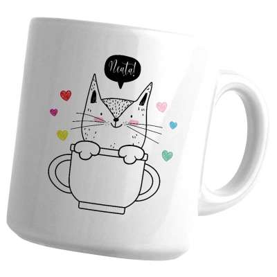 Cana personalizata cu pisica si textul „Neata” – ideala pentru diminetile pline de energie si zambete.