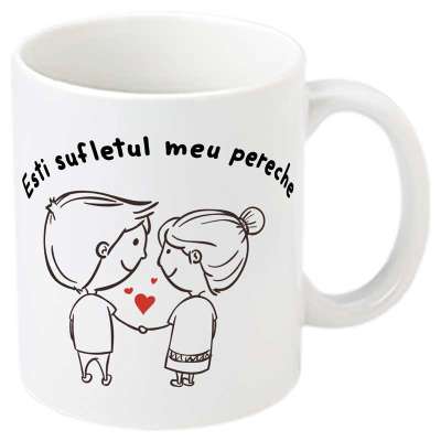 Cana personalizata „Esti sufletul meu pereche” – un cadou romantic pentru iubirea ta, cu un mesaj plin de semnificatie.