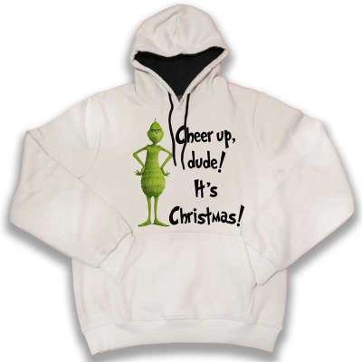 Hanorac alb personalizat cu Grinch si mesajul „Cheer up, dude. It's Christmas!”