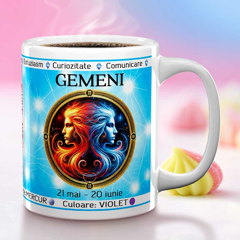 Cana personalizata Gemeni, cu design simbolic, ideala pentru persoanele dinamice si sociabile nascute sub acest semn zodiacal.