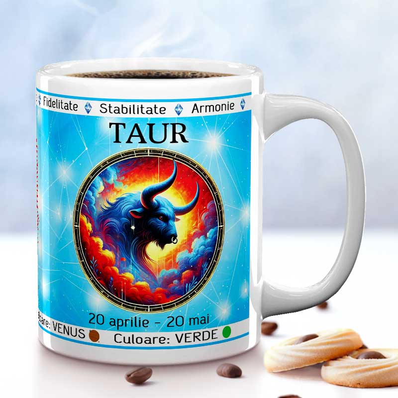 Cana personalizata Taur, un cadou ideal pentru cei nascuti sub acest semn zodiacal, care reflecta taria, rabdarea si iubirea pentru lucrurile esentiale.