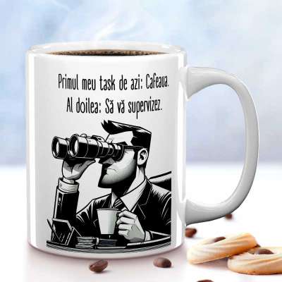 Cana personalizata pentru sefi care stiu ca prima lor sarcina a zilei este sa inceapa cu o cafea, urmand apoi sa se ocupe de tot.