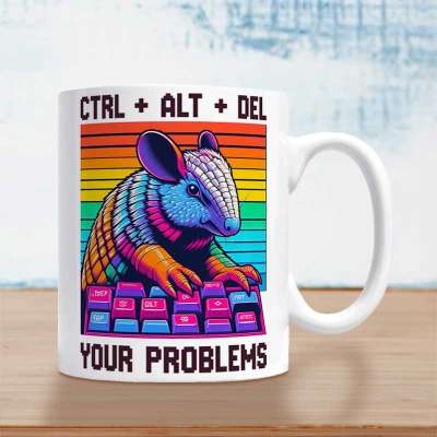 Cana personalizata cu mesaj "Ctrl Alt Del your problems", perfecta pentru o atitudine relaxata si iubitorii de tehnologie.