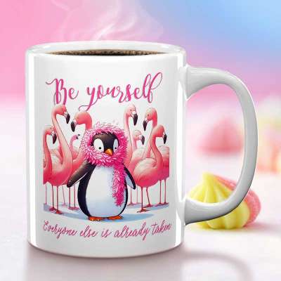 Cana personalizata cu mesajul inspirator „Be yourself. Everyone else is taken”.