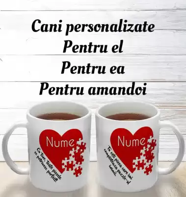 cani personalizate cu inimioara si puzzle pentru cupluri